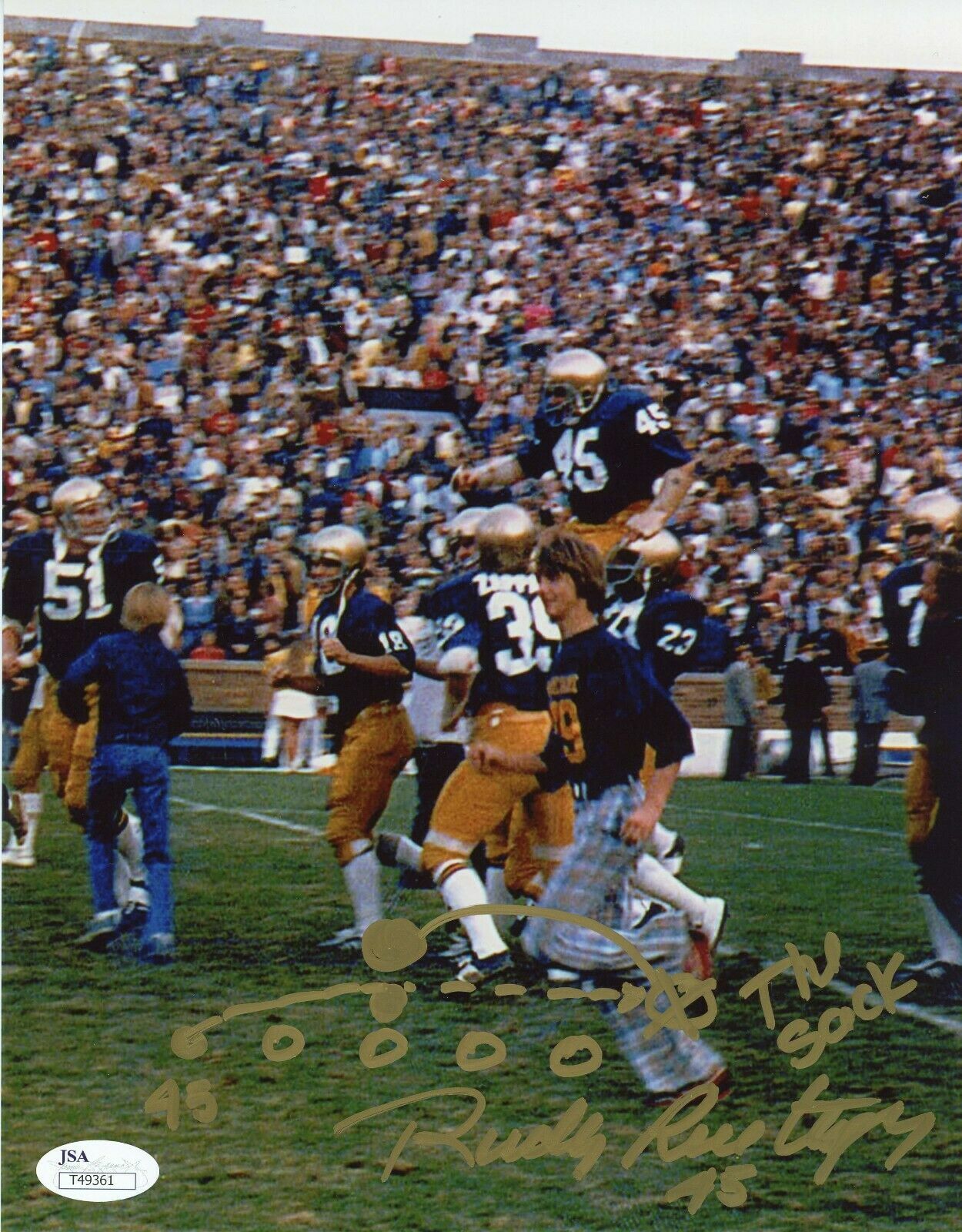 Rudy Ruettiger Signed 8x10 Hand Drawn Sack Play Inscription Photo Poster painting JSA Autograph