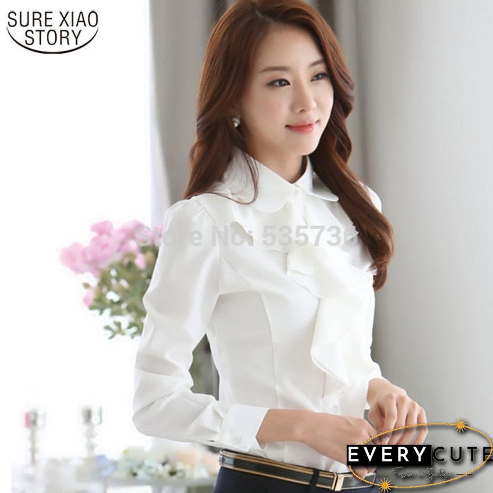 Spring New Arrival Chiffon Long Sleeve Female  Blouse Shirt Fashion Ruffles Ladies White Black Office Blouses Women Clothes 8C81