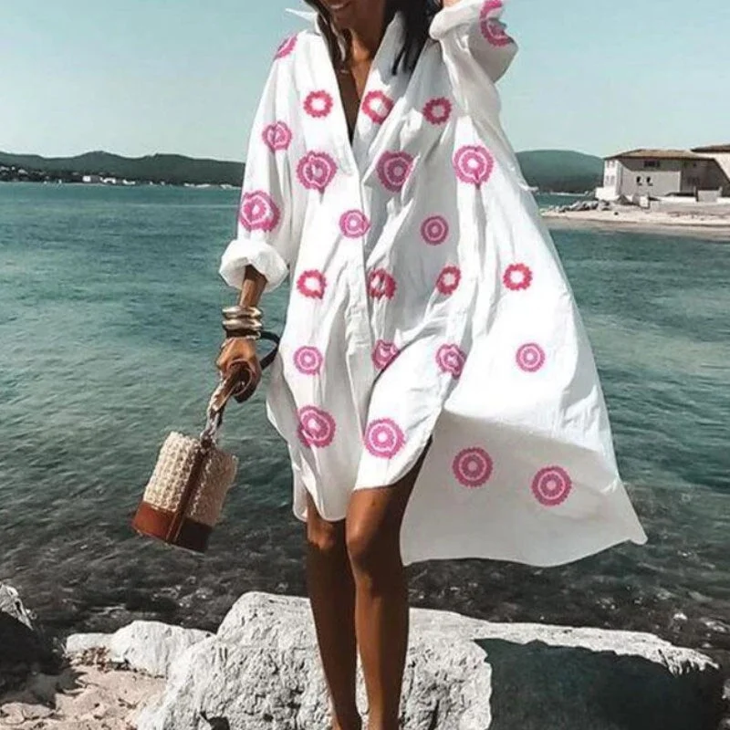 Women Buttons Shirt Dresses Autumn Elegant Floral Printed Long Sleeve Dress Ladies Casual Loose A-Line Beach Boho Dress Vestidos