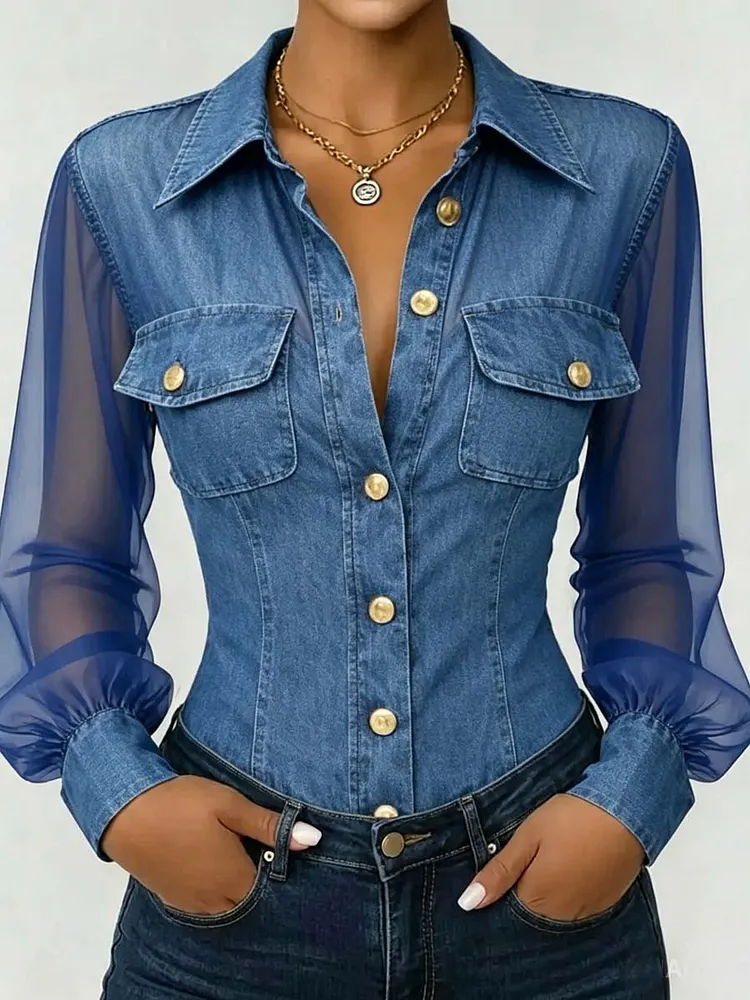 Women's Solid Color Art Denim Chiffon Patchwork Casual Stylish Sexy Shirt