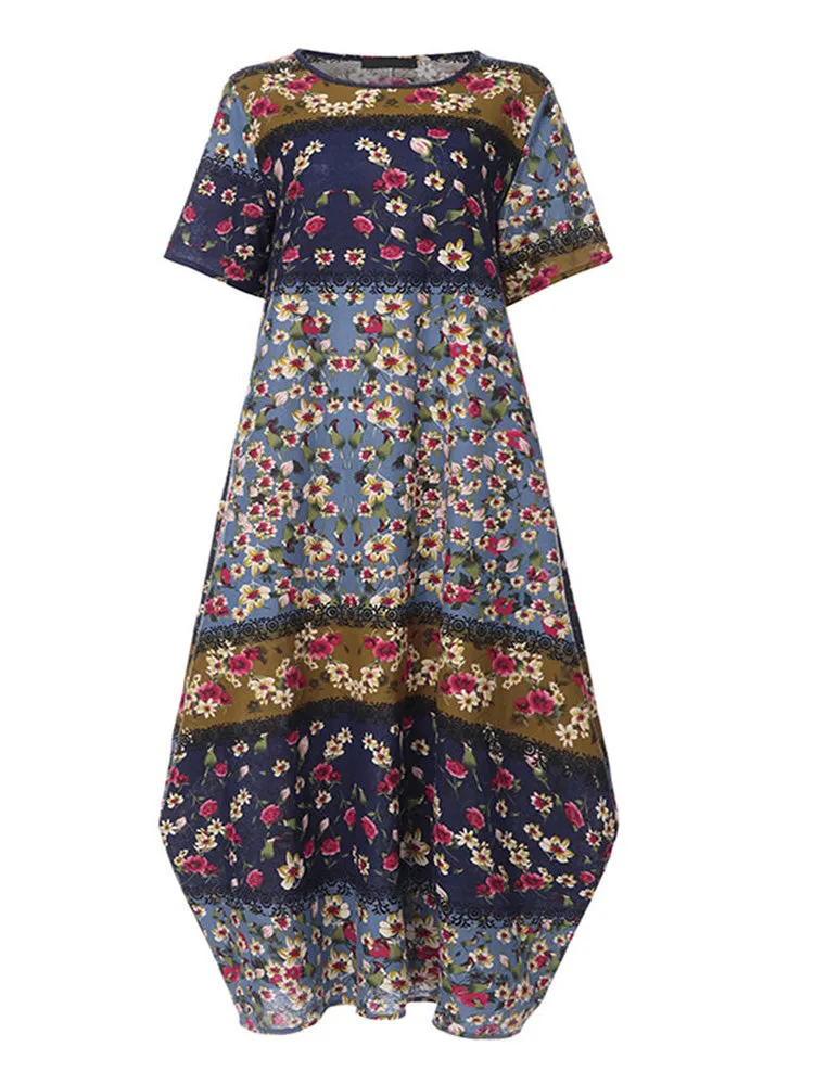 Women's Floral Printed Round Neck Short Sleeve Maxi Dress