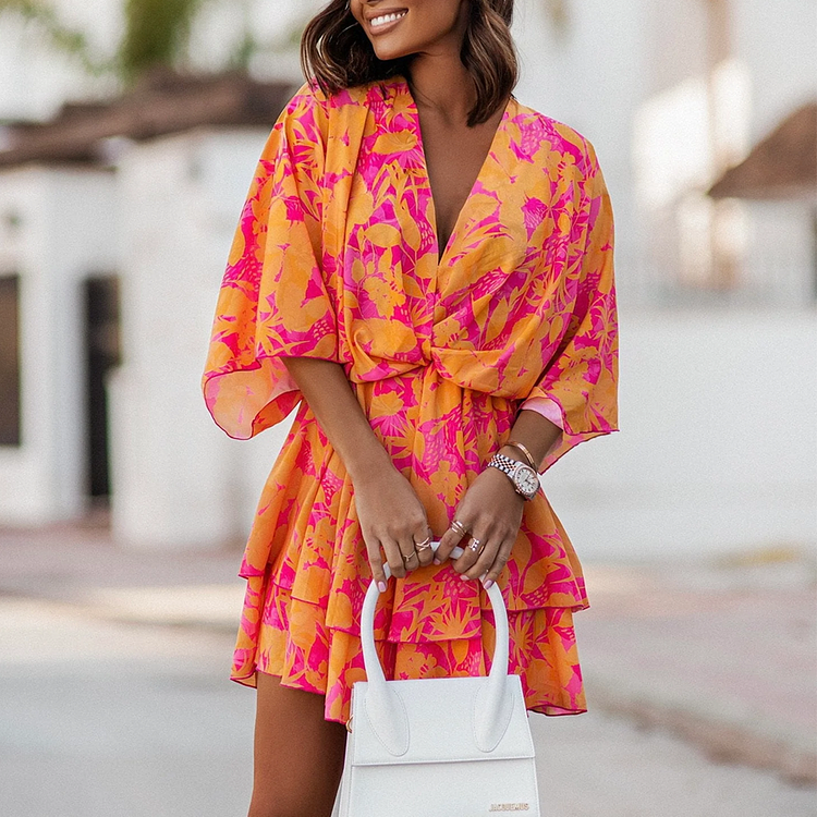 V Neck Loose Blossom Printed Dress