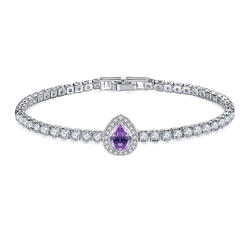 Copper Rhodium Plated Minimalist Shiny Inlay Round Water Droplets Heart Shape Zircon Tennis Bracelet