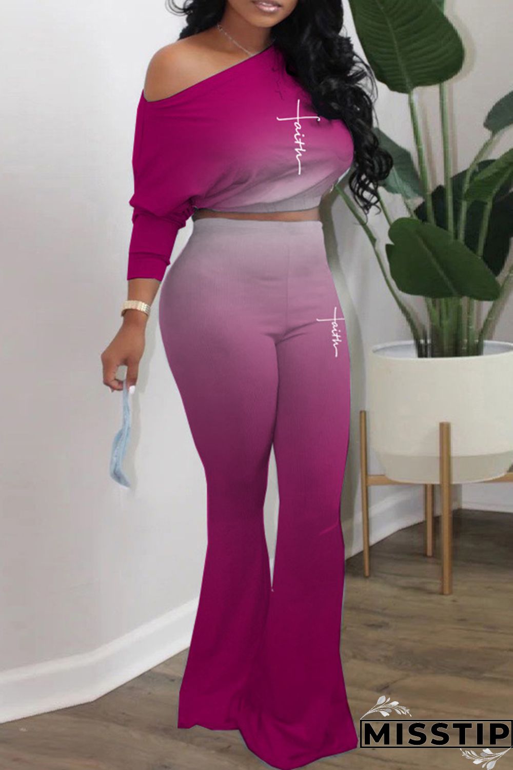 Fuchsia Casual Gradual Change Print Basic Oblique Collar Long Sleeve Two Pieces