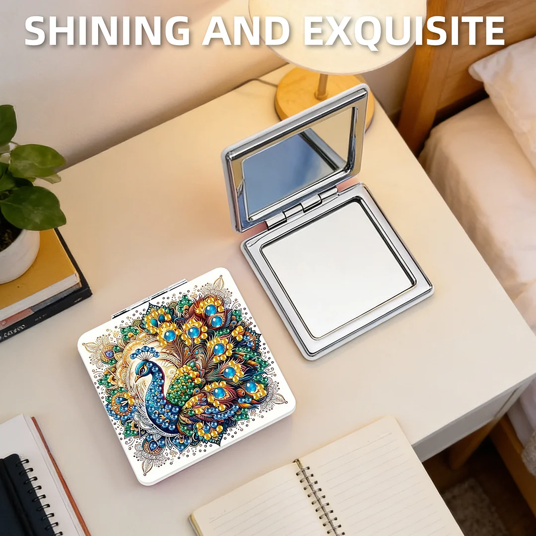 Yellow Peacock DIY Special Shaped Diamond Painting Compact Mirror Kits Diamond Art Painting Pocket Mirror for Adults and Beginners