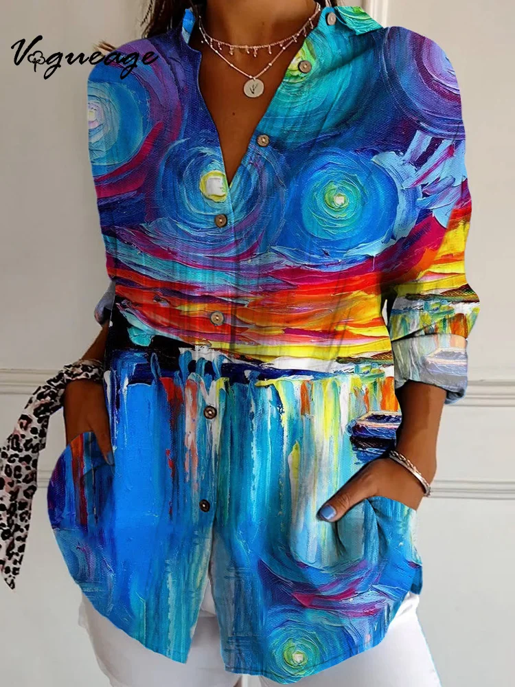 Fashion Oil Painting Style Starry Sky Long Sleeves Printed Cotton And Linen Shirt