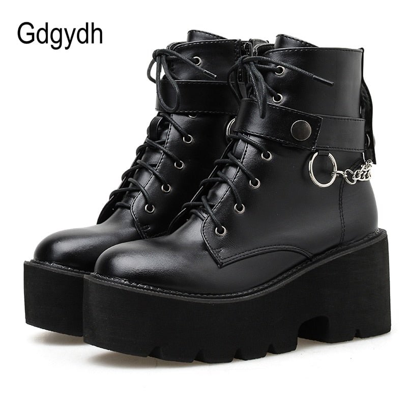Gdgydh New Sexy Chain Women Leather Autumn Boots Block Heel Gothic Black Punk Style Platform Shoes Female Footwear High Quality