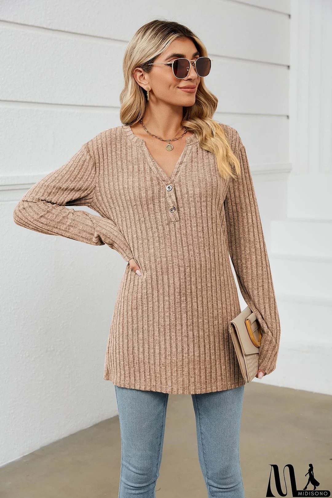 MidiSono - Notched Neck Ribbed Long Sleeve T-Shirt