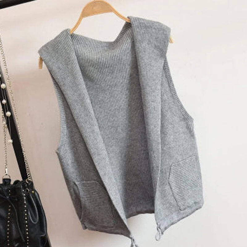 Knitted Sweater Vest Cardigan Shrugs Top Hooded Short Sleeveless Shrug Outerwear Autumn Fall Sweaters Women Casual Female Tops