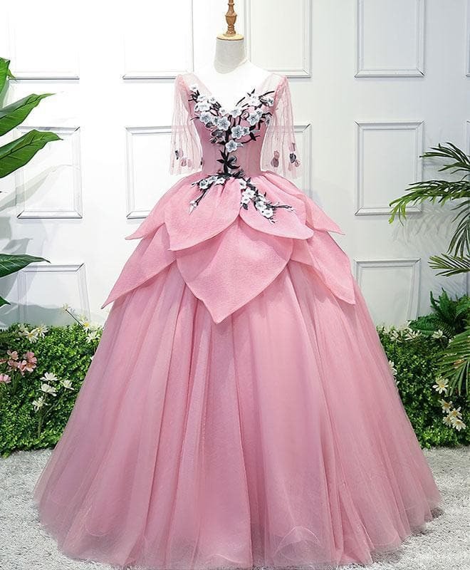 Pink V Neck Tulle Lace Applique Long Prom Dress, Pink Evening Dress