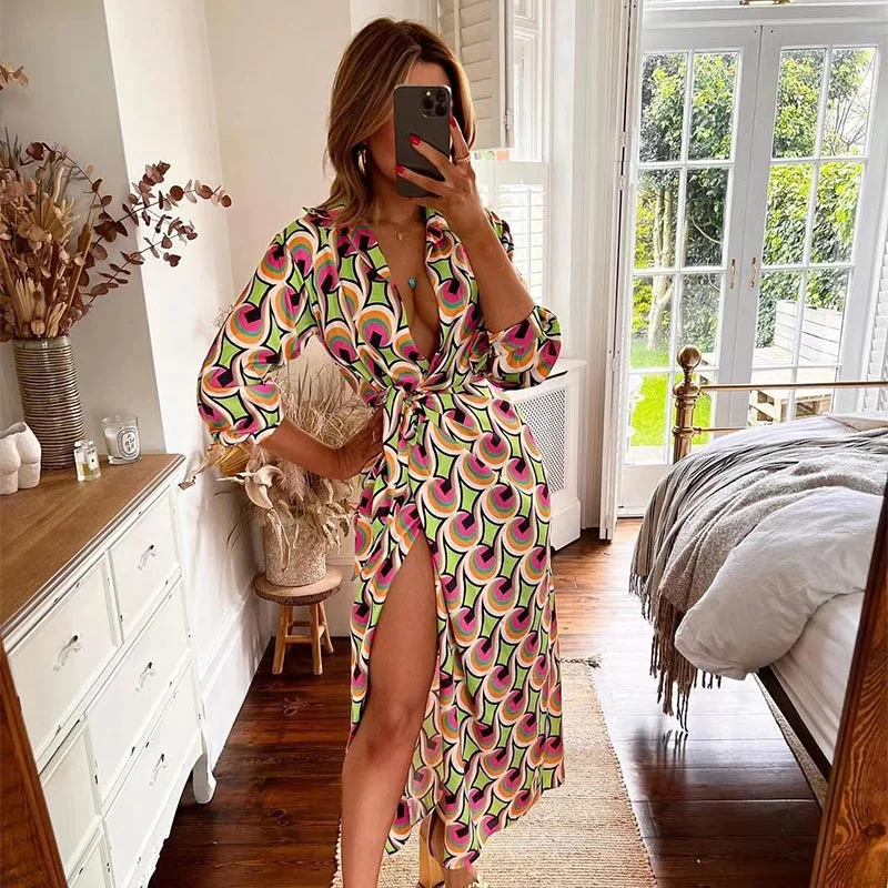 Women Vitange Pattern Print Boho Shirt Dress Female Fashion Lapel Long Sleeve Lace Up Robe 2022 Summer High Slit Loose Dresses