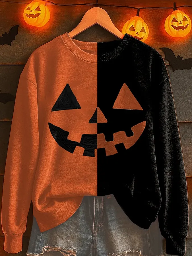 Women's Halloween Pumpkin Face Printed Sweatshirt 