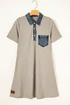 Women's Beige Short Sleeve Ribbed Knit Denim Patchwork Polo Collar Dress