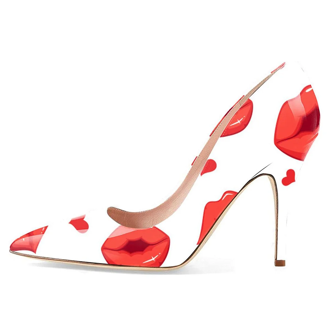 Ivory Vegan Leather Red Lips Printed Pointed Pumps with Stiletto Heel