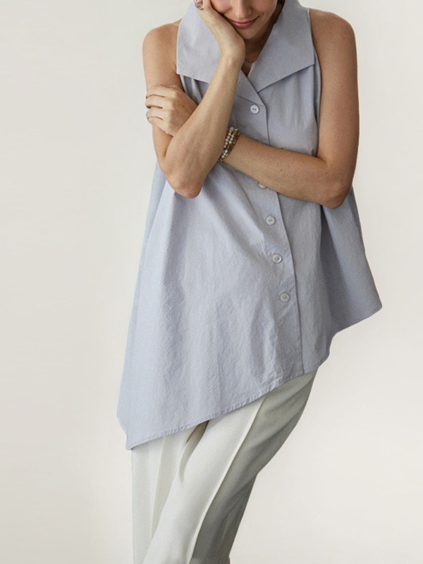Sleeveless Lapel Buttons Irregular Hem Cotton Linen Vest Blouses