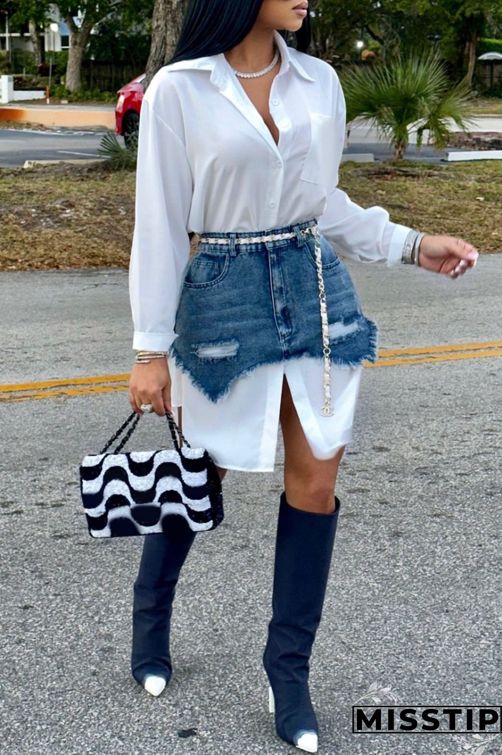 Black Casual Solid Ripped Turndown Collar Long Sleeve Two Pieces