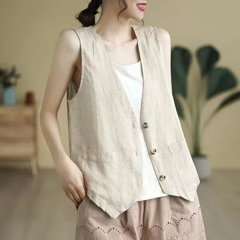 Uveng Uveng Retro Art Hook Sleeveless Vest Lady Loose V Collar Horse Clip Single Buckle Cardigan Shirt