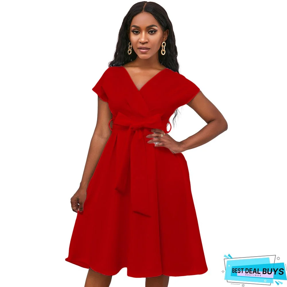 V-Neck Solid Color Waist Bow Tie Dress White Dresses