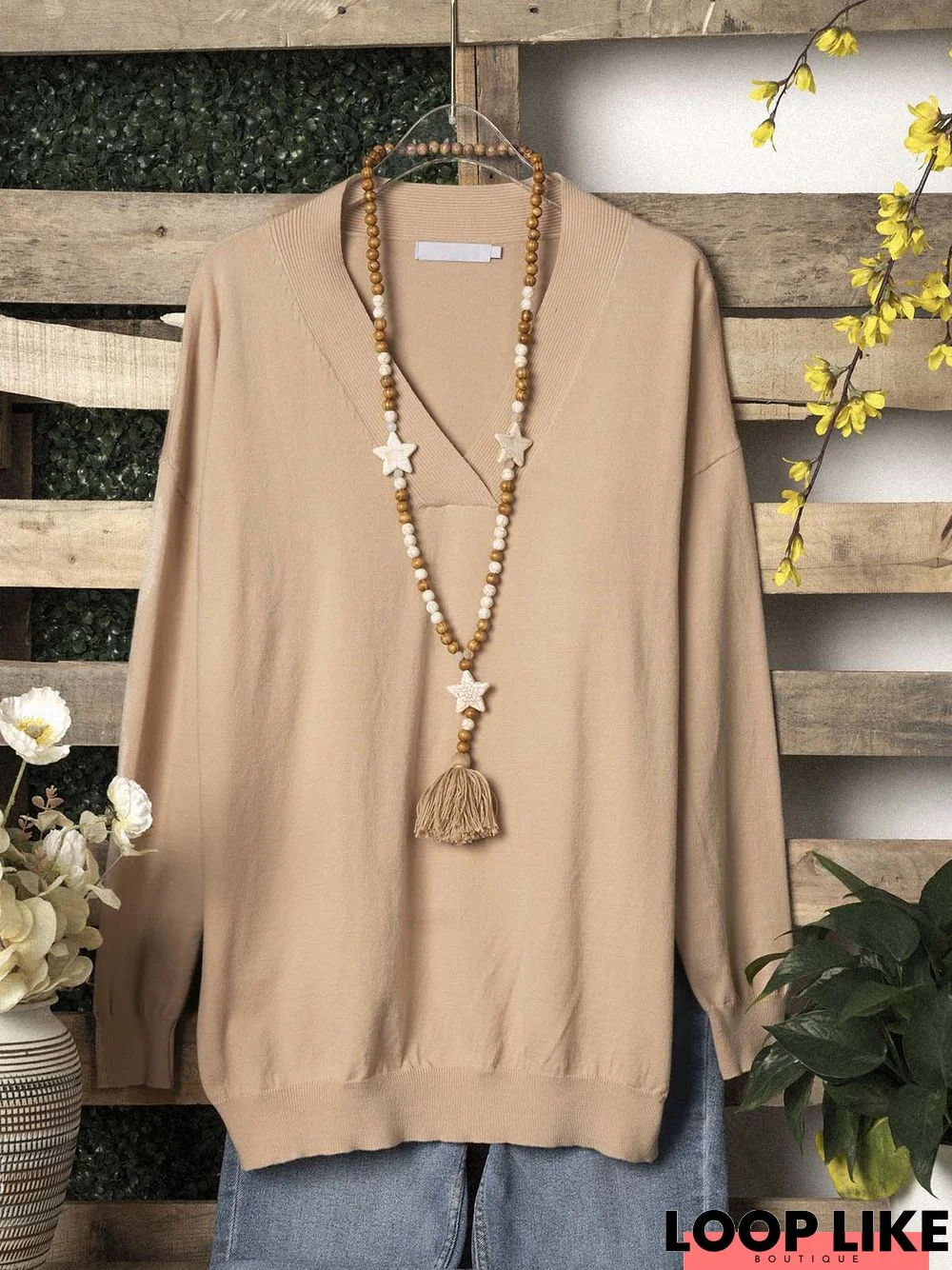 Cotton-Blend Long Sleeve V Neck Top