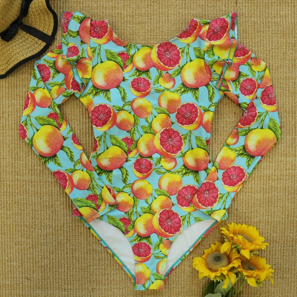 Swimwear Women Print Floral 2020 New One Piece Swimsuit Long Sleeve Bathing Suit Retro Ruffle Strappy Vintage Beachwear Surfing