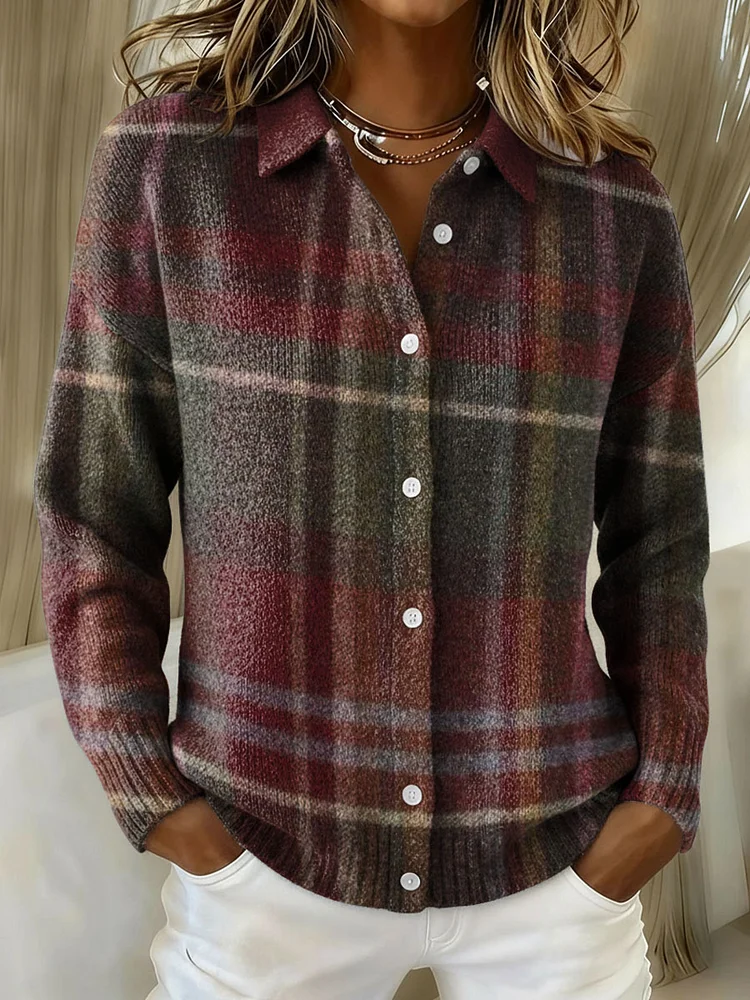 Vintage Classic Plaid Pattern Casual Shirt Collar Long Sleeve Sweater