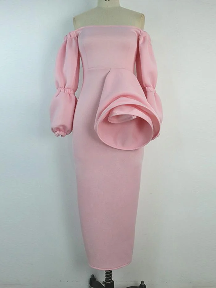 Off-the-shoulder Flared Flower Puff Sleeve Dress