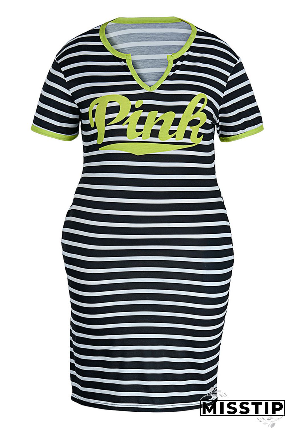 Cyanine Casual Striped Print Patchwork V Neck Straight Plus Size Dresses