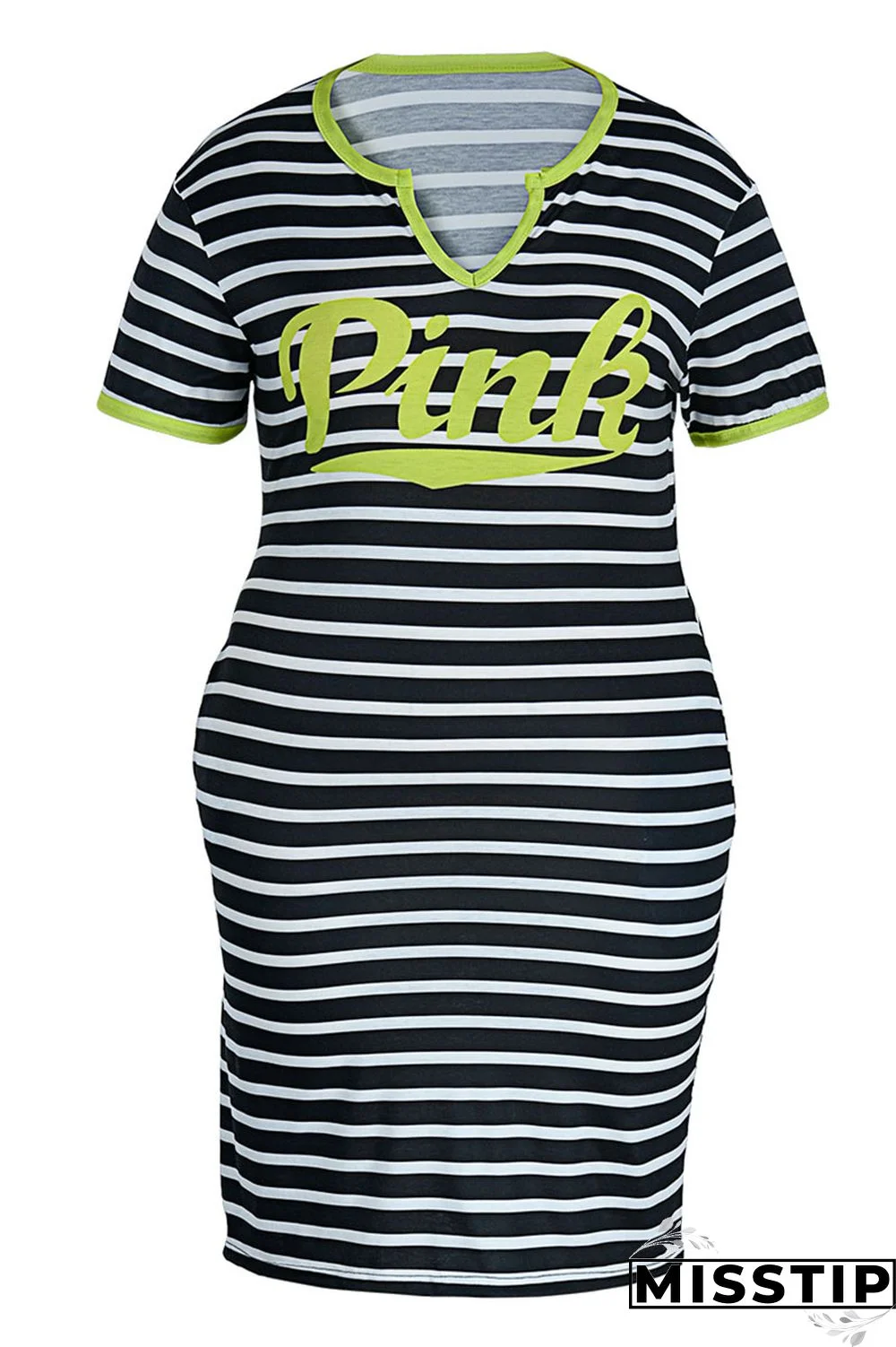 Cyanine Casual Striped Print Patchwork V Neck Straight Plus Size Dresses