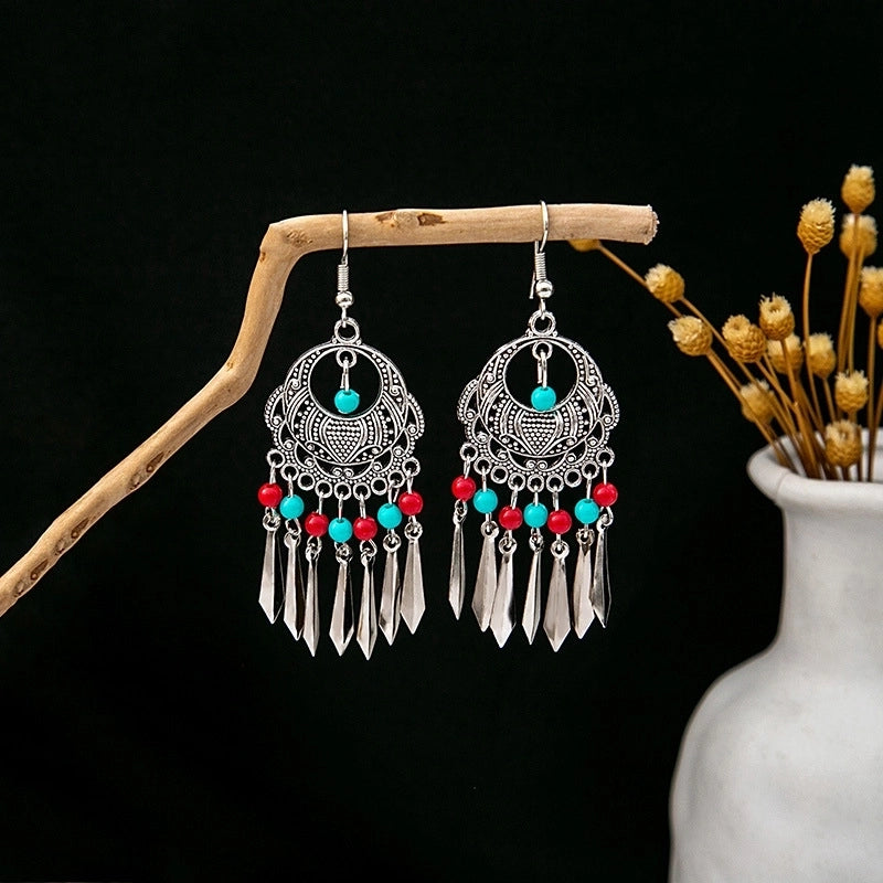 Bohemian Blue Turquoise National Style Earrings Imitation Miao Silver Metal Earrings Vintage Tassel Earrings