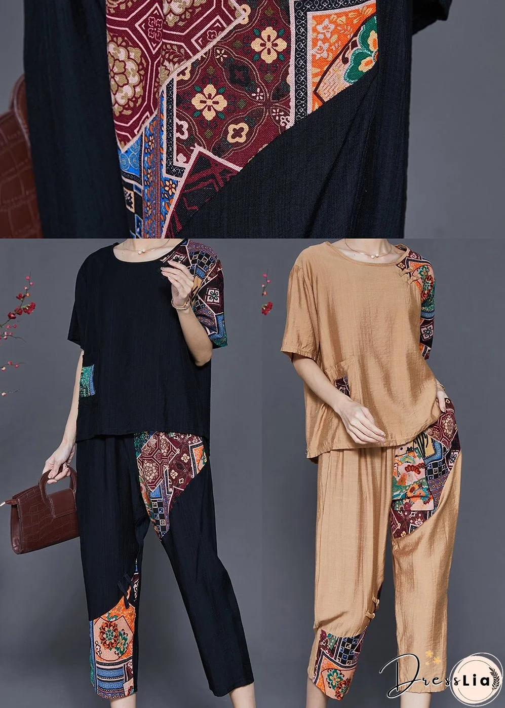 Khaki Patchwork Cotton 2 Piece Outfit Asymmetrical Summer