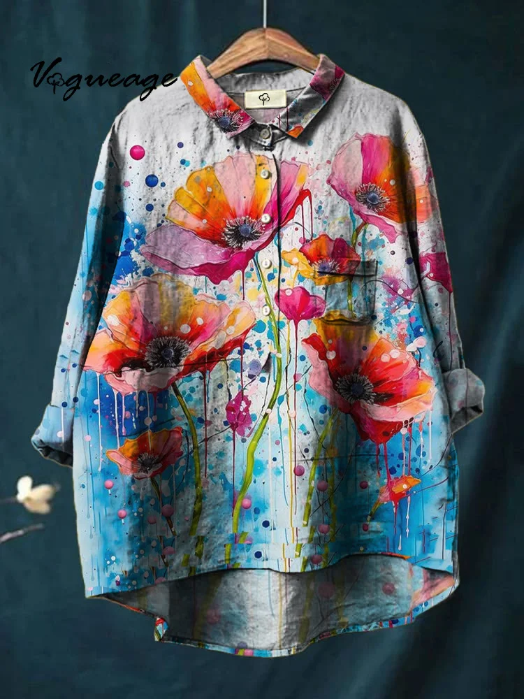 Fashionable Generous And Charming Flowers Printed Cotton And Linen Shirt