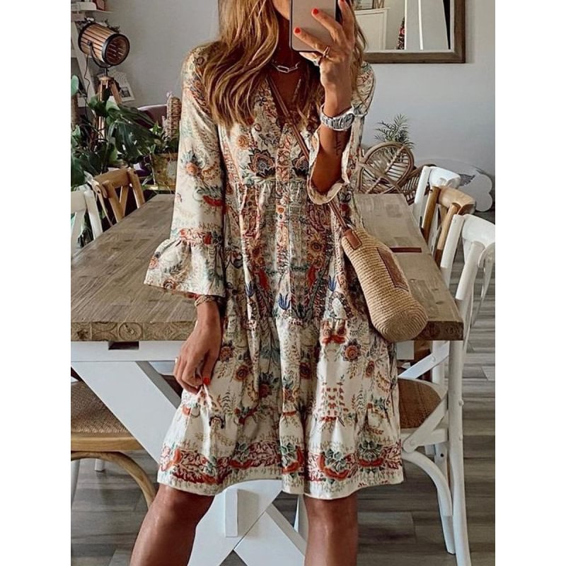 High-waisted Printed Pullover Improved Skin Tone  Short Skirt Middle Sleeve | EGEMISS