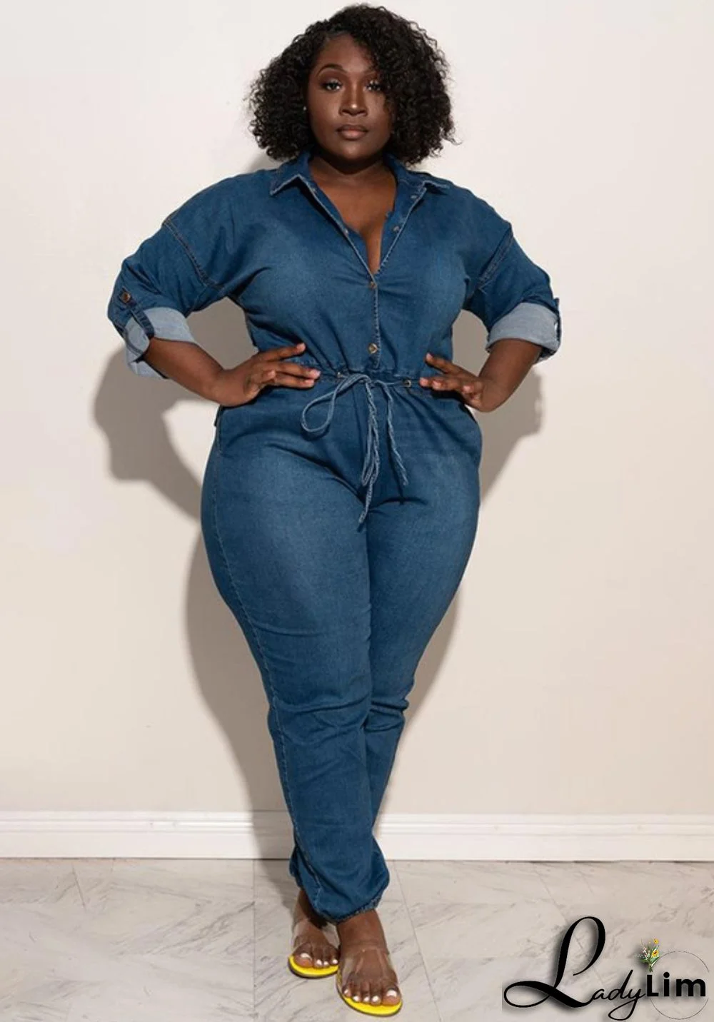 Autumn Plus Size Dark Blue Button Up Long Sleeve Denim Jumpsuit