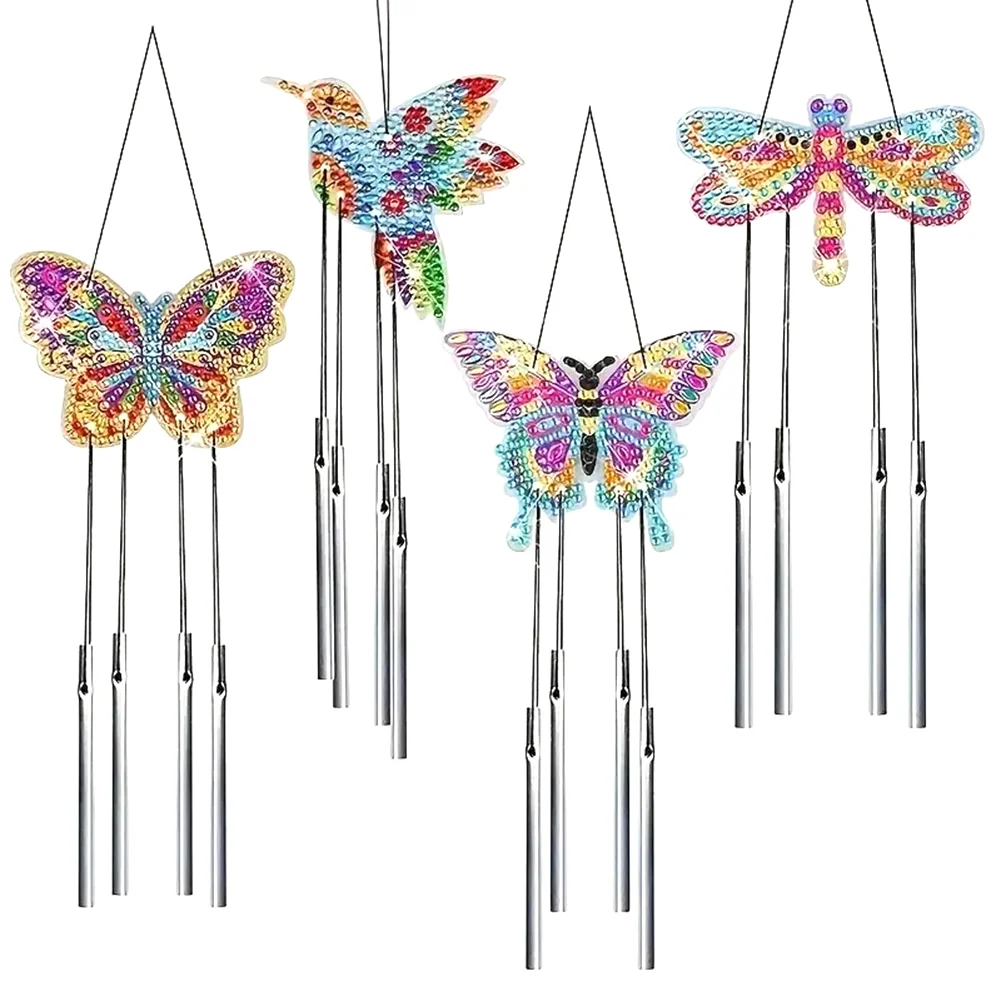 4pcs DIY Flowers Birds Acrylic Diamond Painting Crystal Wind Chimes Pendant Kit Decor