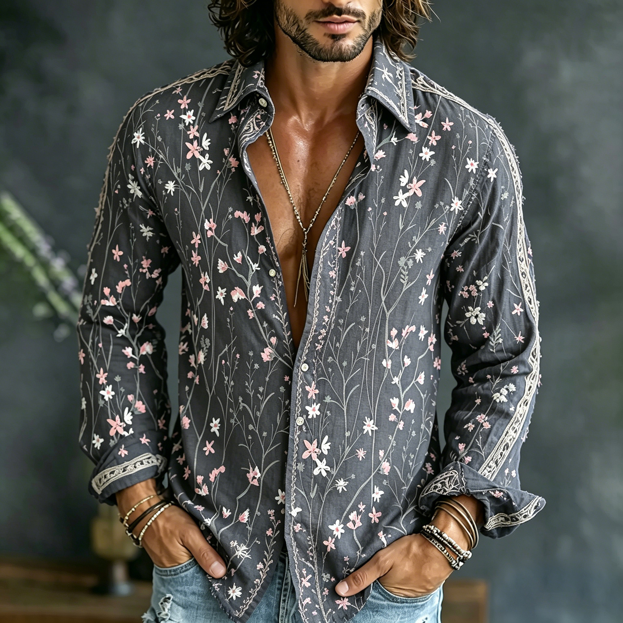 Men's Retro Floral Embroidered Art Print Flowy Linen Blend Shirt  artssus