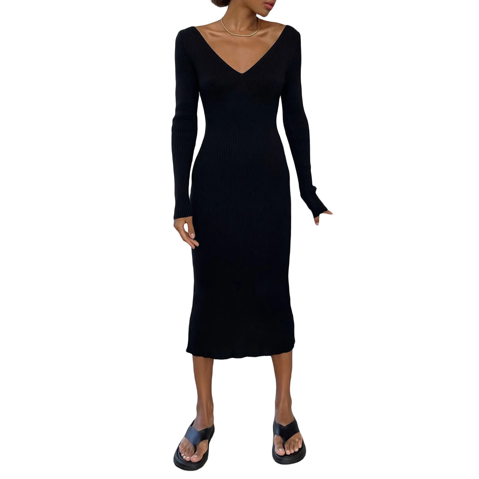 Vollexa fancy dress code Women s Casual Long Sleeve Knit Bodycon Dress, Deep V Neck, High Waist, Slim Fit Midi Dresses, 2025