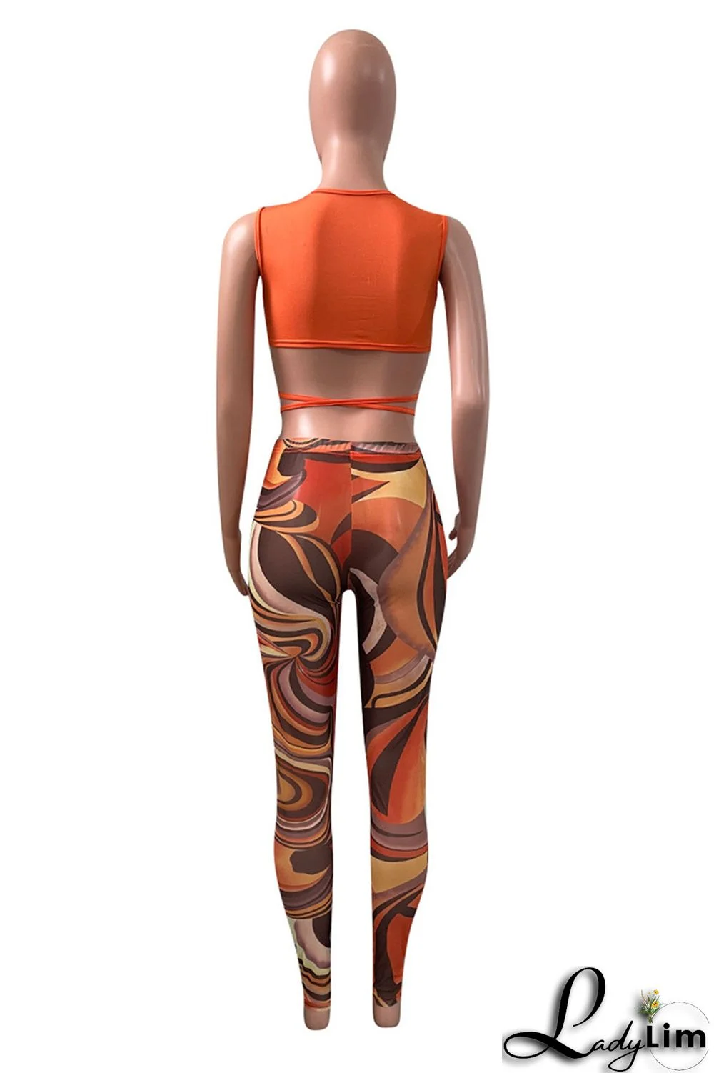 Orange Fashion Sexy Print Bandage V Neck Sleeveless Two Pieces