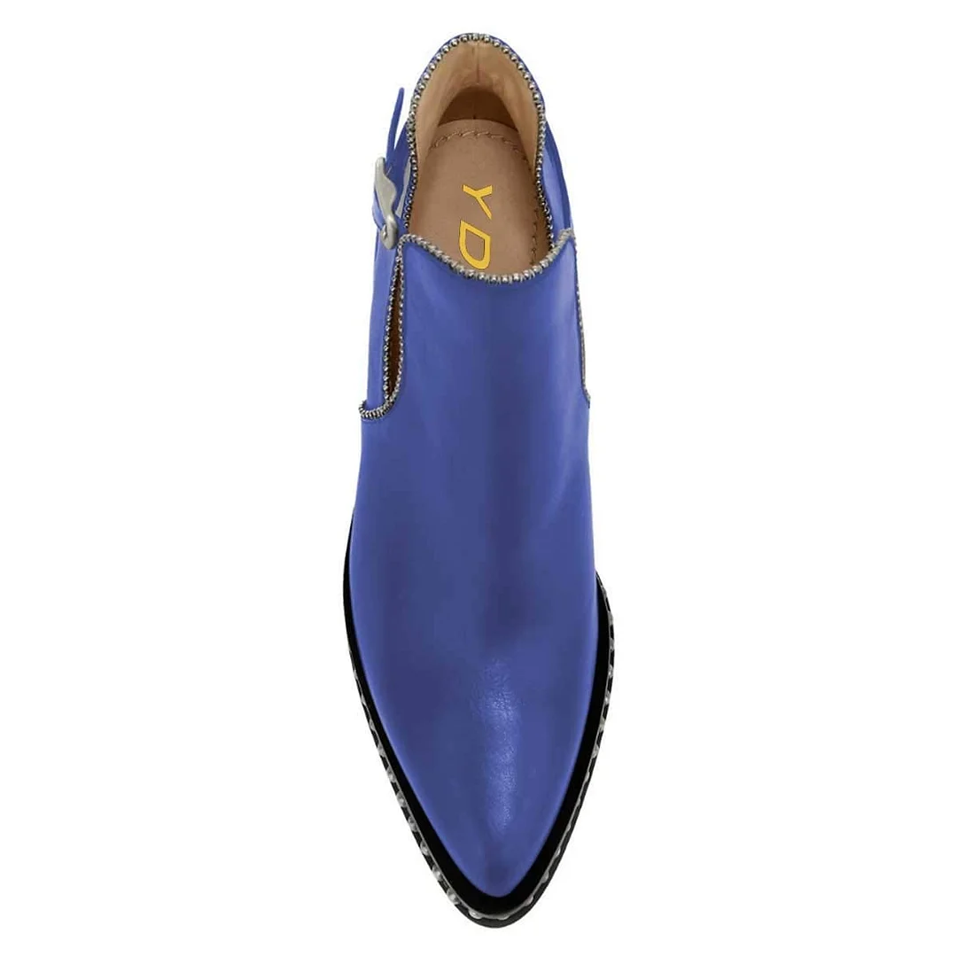 Blue Chunky Heel Studded Buckle Strap Pointed Toe Booties for Women