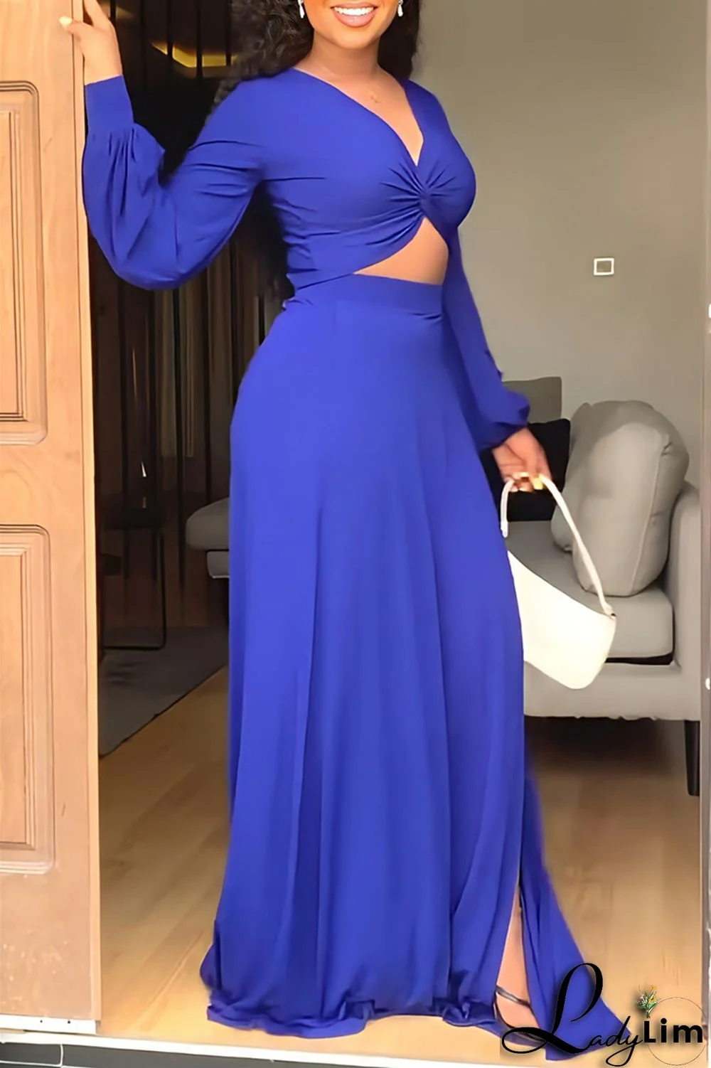 Blue Fashion Casual Solid Slit V Neck Long Sleeve Two Pieces