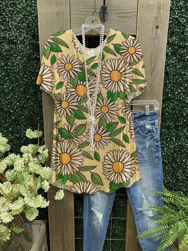 Daisy Floral Print Crew Neck Short Sleeve Cotton-Blend Shirts & Tops
