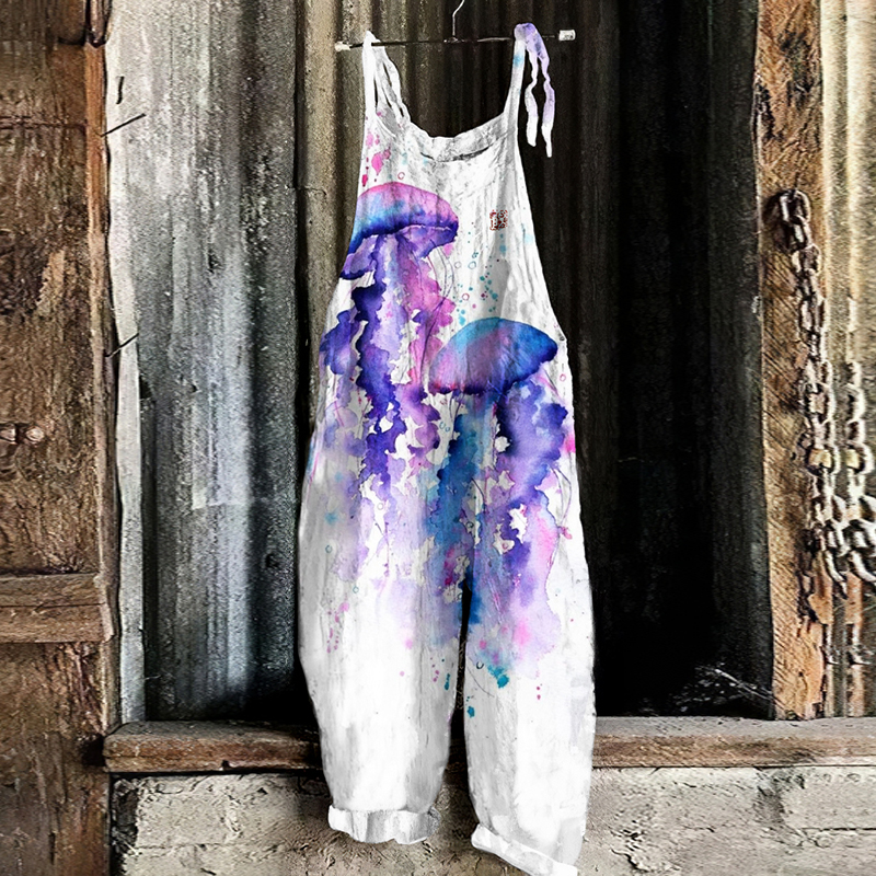 Comstylish Vintage Japanese Art Watercolor Jellyfish Graphic Casual Loose Jumpsuit
