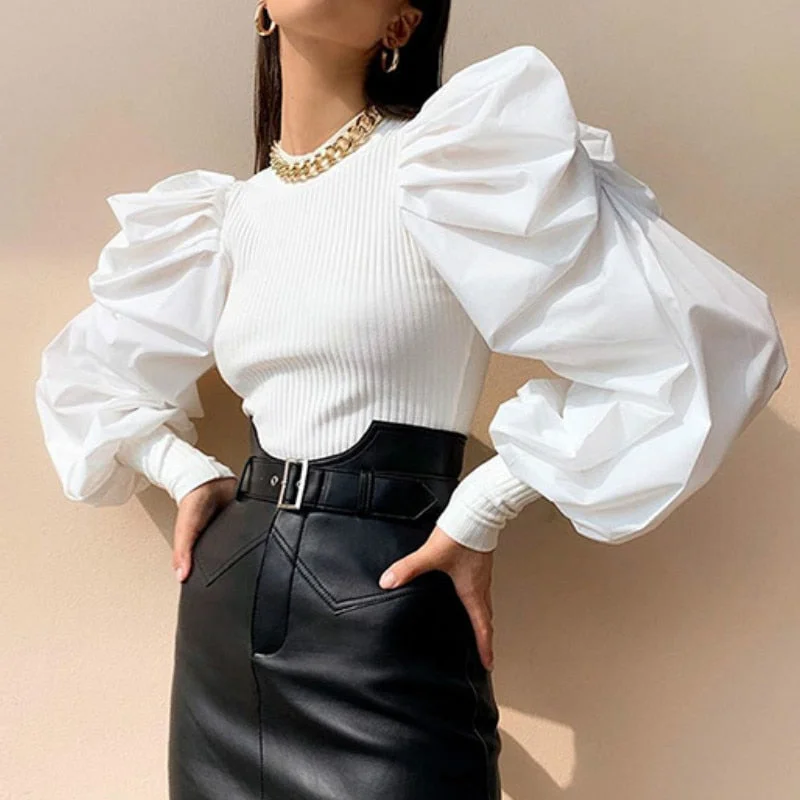 2020 Retro Womens Long Puff Sleeve Blouse Shirts Spring Fall Black White Solid Fashion Elegant Blouses and Tops Female Clothes