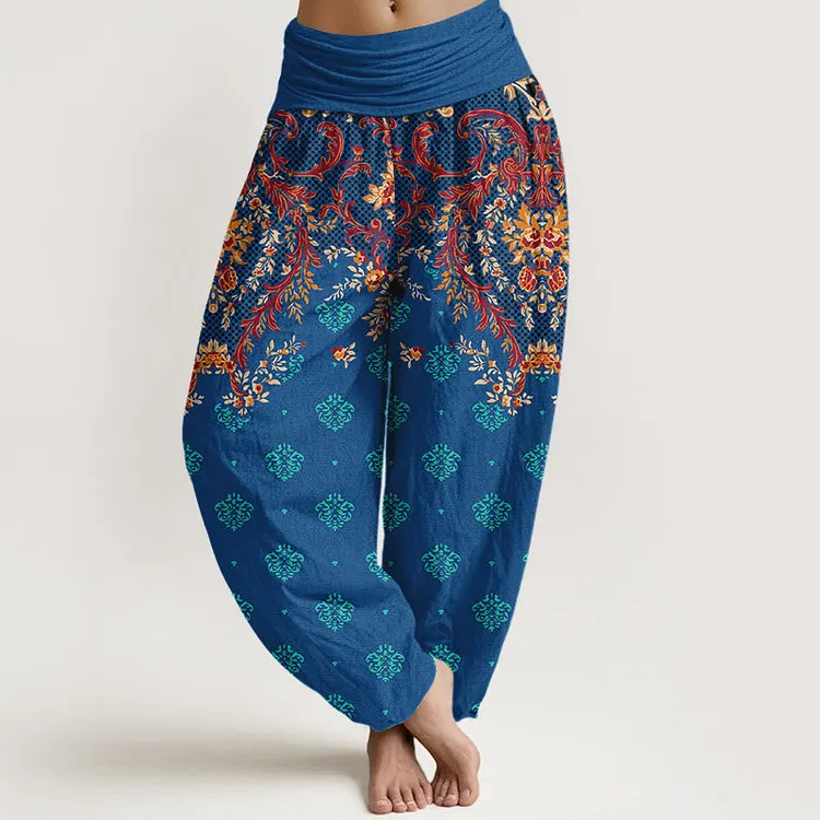 Cotton Symmetrical Leaf  Scroll Pattern Women's Elastic Waist Harem Pants