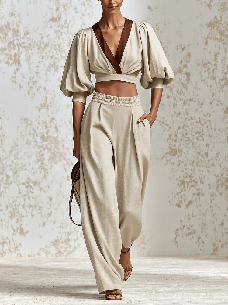 Elegant Beige Two-Piece Trouser Set For Women &mdash; V-Neck Puff-Sleeve Cropped Top And High-Waisted Wide-Leg Trousers