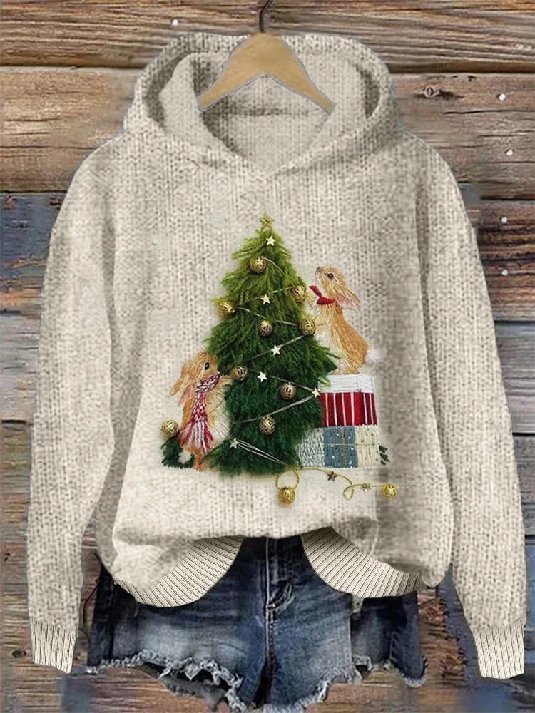 Comstylish Christmas Tree & Bunny Embroidery Art Cozy Knit Hoodie