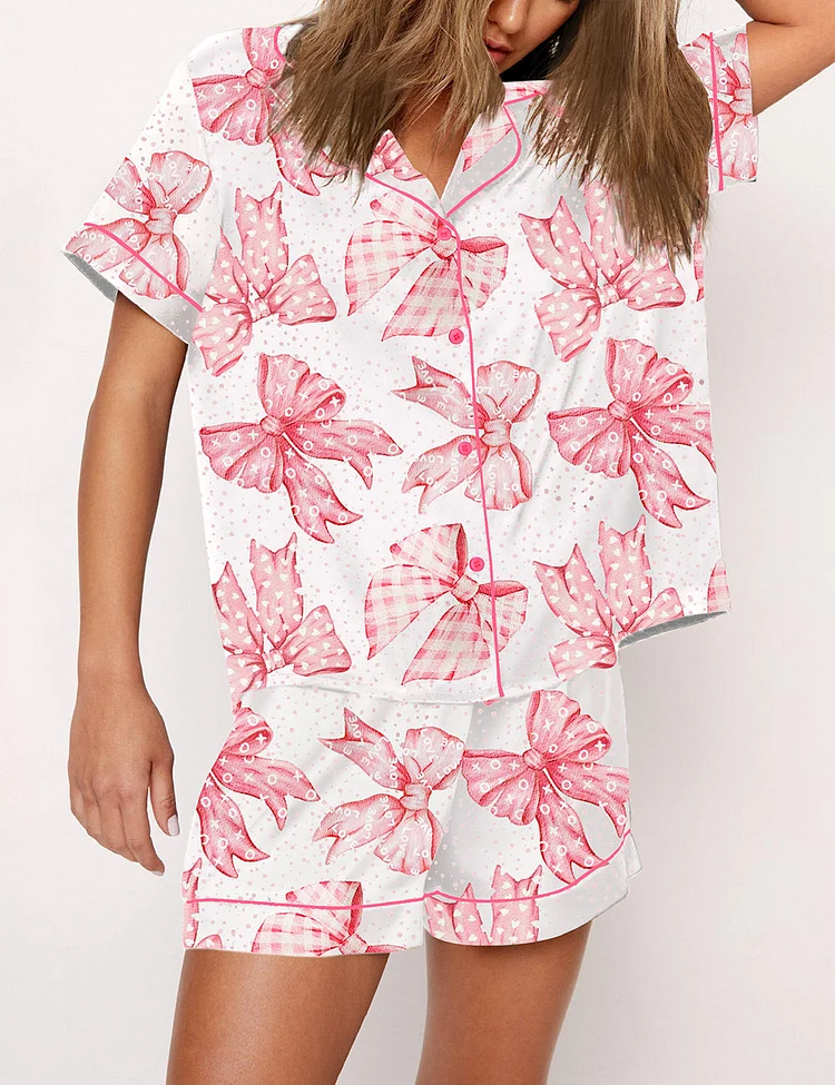 Women's Pink Valentine's Day Bows Print Pajama Set