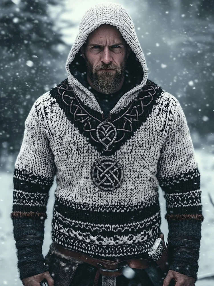 Men's Vintage Viking Style Jacquard Cozy Knit Hooded Sweater