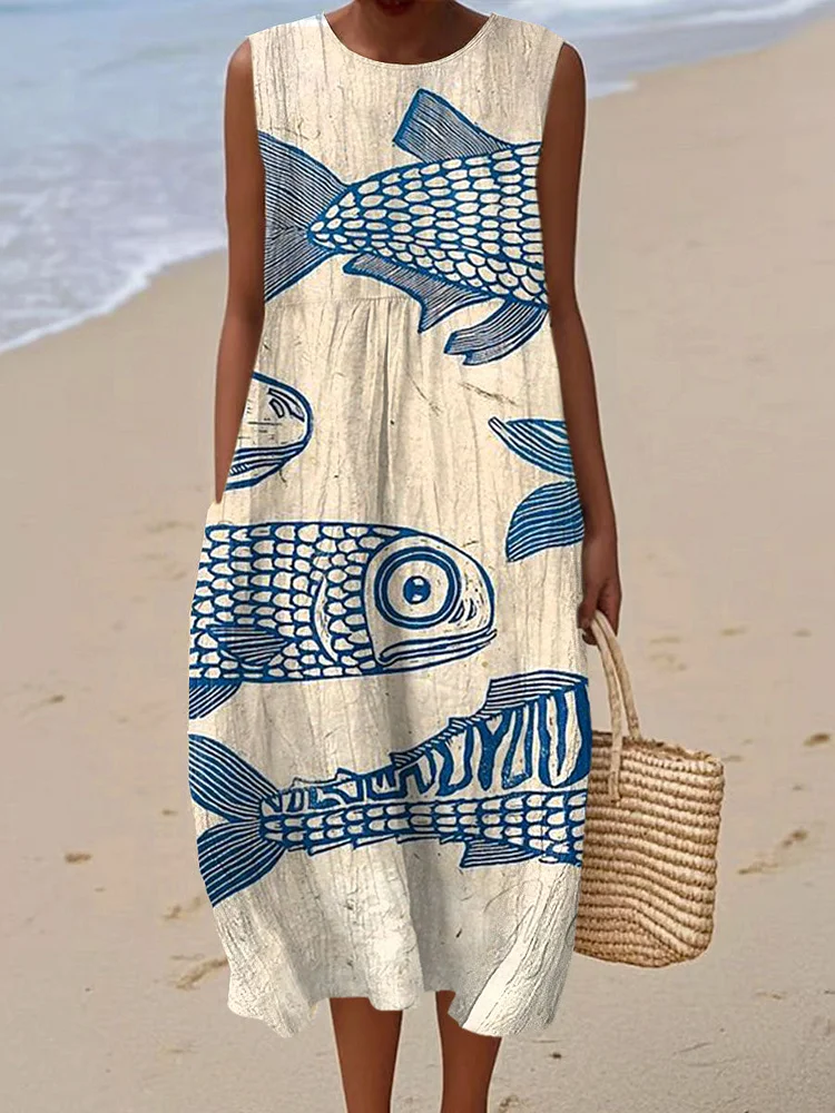 Women's Vintage Fish Art Print Sleeveless Cotton Pocket Wrap Dress
