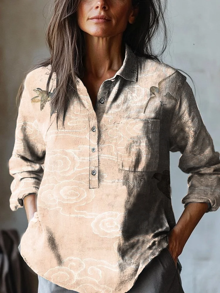 Women's Japanese Cloud Birdr Art Print Casual Cotton And Linen Shirt