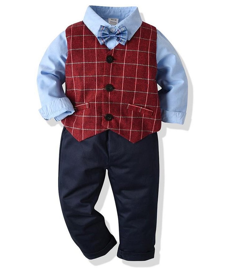 Boys Outfit Set Cotton Shirt Bow Tie Red Checked Waistcoat And Pants-Mayoulove